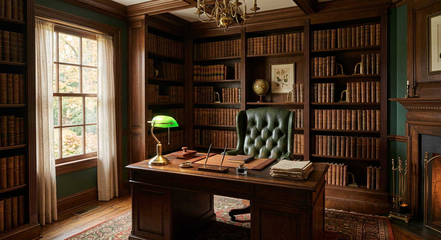 A traditional law office interior with wood-panelled bookshelves